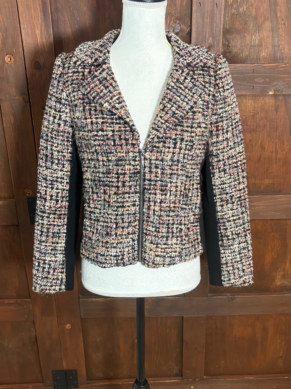 White House Black Market Pink & Black Tweed Zip-Front Blazer